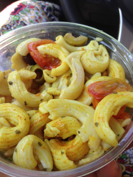 Pasta Salad with baked tomatoes, olives, garlic, sea salt, turmeric, parsley and olive oil.