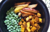 My Daughter's dinner for tomorrow night, peas, baked fries, and marinated tofu