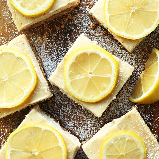 Vegan gluten free lemon cheese cake bars from the Minimalist